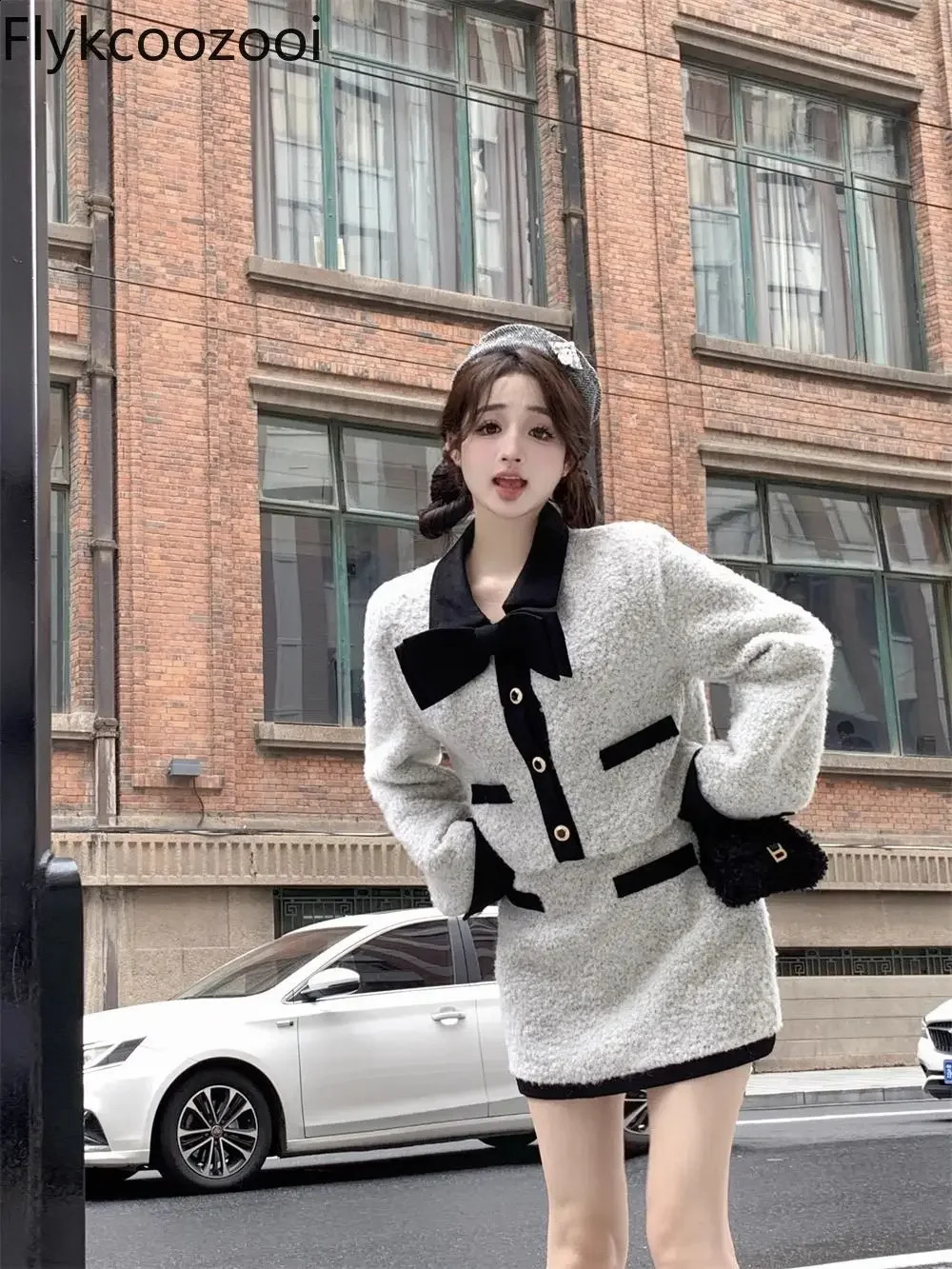Warm bow wool short coat womens autumnwinter bag Hip Skirt twopiece set Mainland China casual coarse woolen jacket 240828