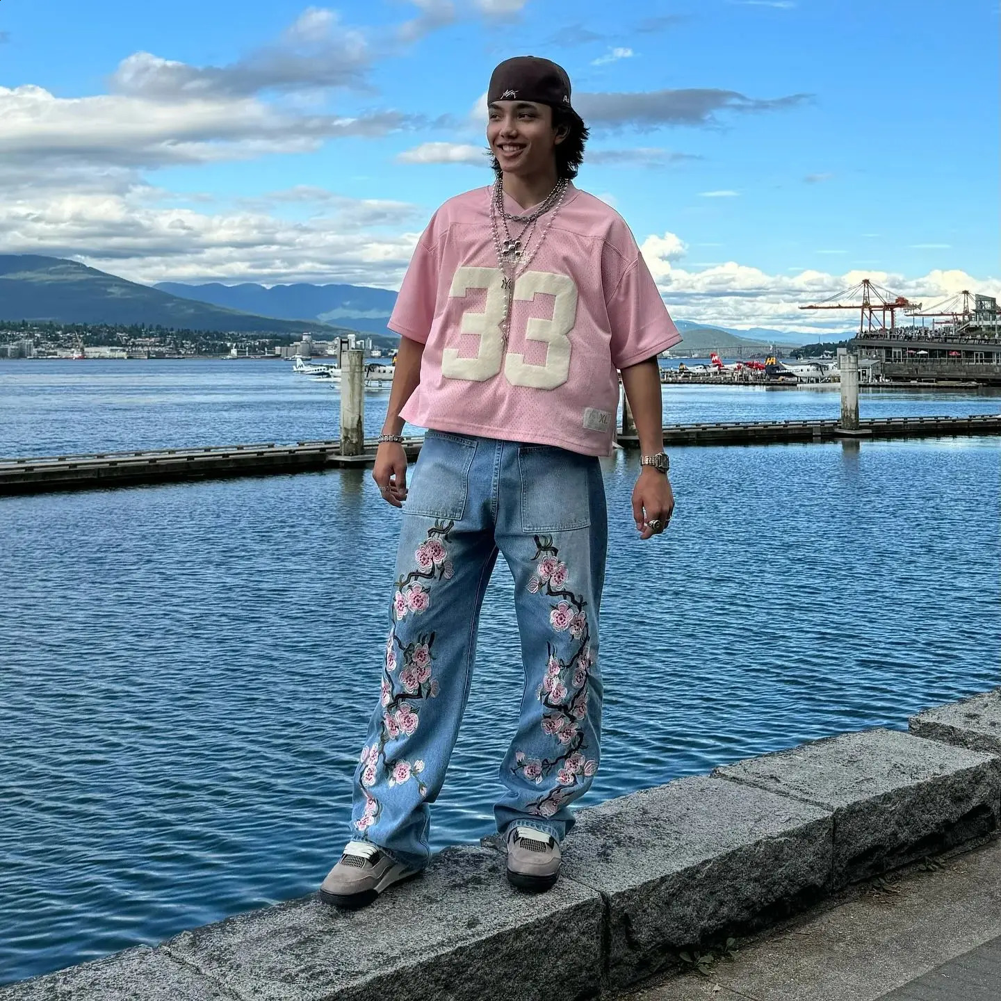 Y2K Harajuku jeans retro cherry blossom embroidery pattern hip-hop streetwear mens Gothic casual straight leg jeans 240829