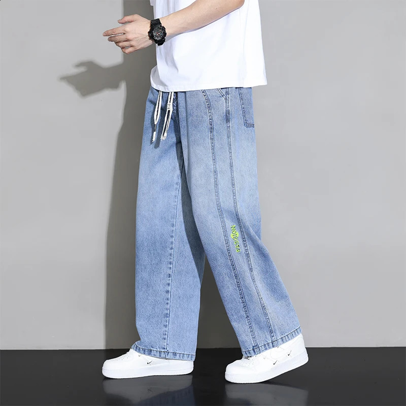Autumn Wide Leg Jeans Mens Trouser Neutral Loose Casual Cotton Straight Outdoor Fashion Laundry Pants Large Size 8XL 240829