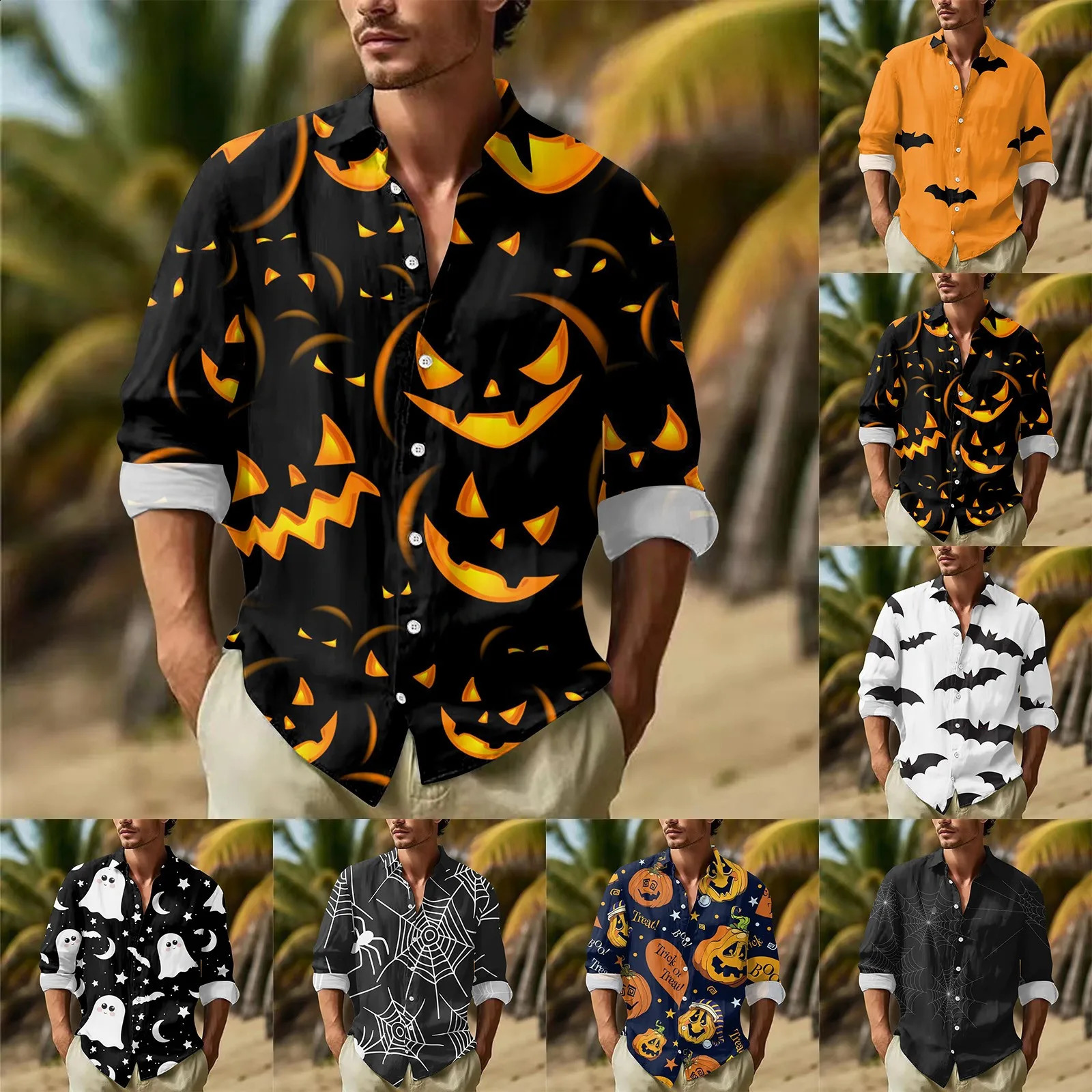 Mens Halloween printed shirt button long sleeved lapel shirt casual fashion version basic shirt top mens clothing 240829