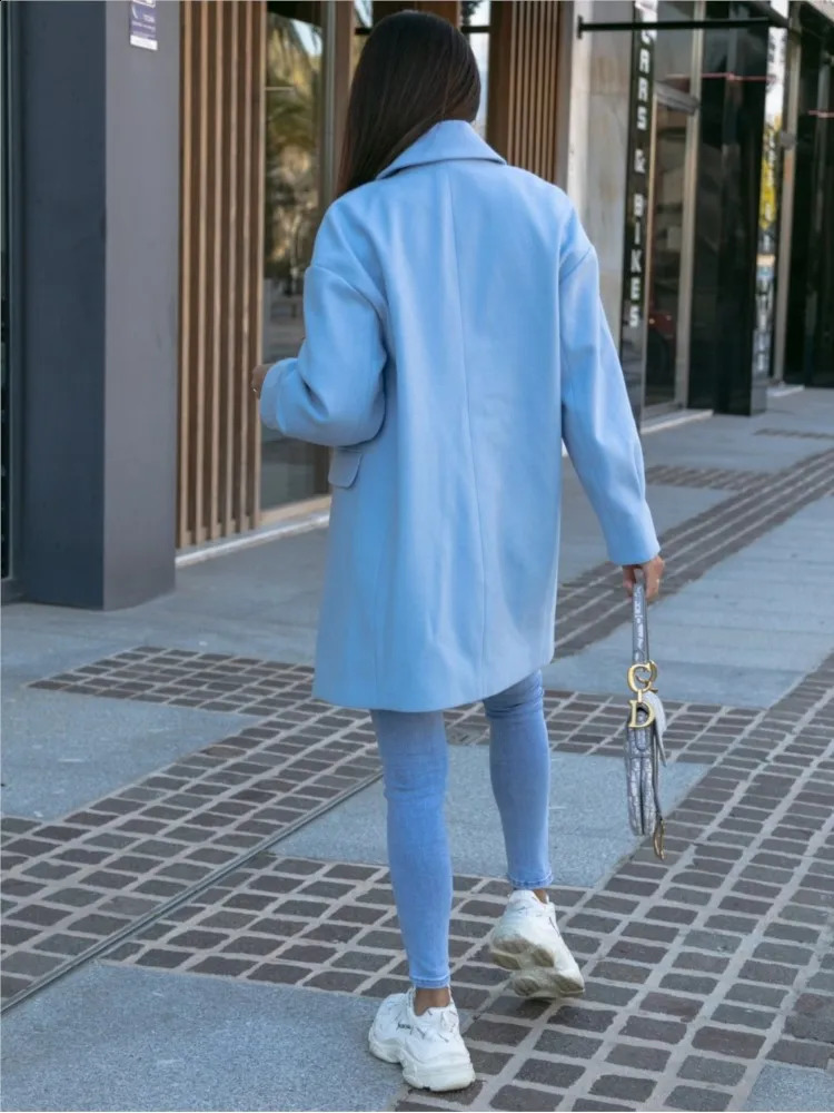 Wool autumn coat womens blue long sleeved fashionable casual womens coat loose womens coat 240828