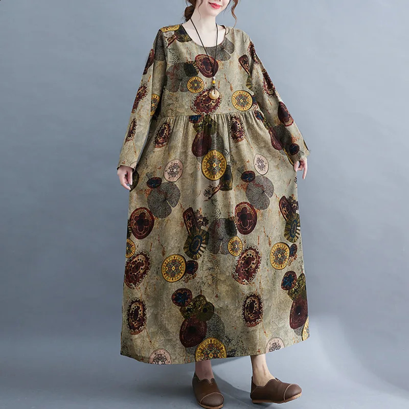 Wxw3303 vintage long skirt womens sleeved Oneck printed Aline dress loose ankle spring and autumn 240828