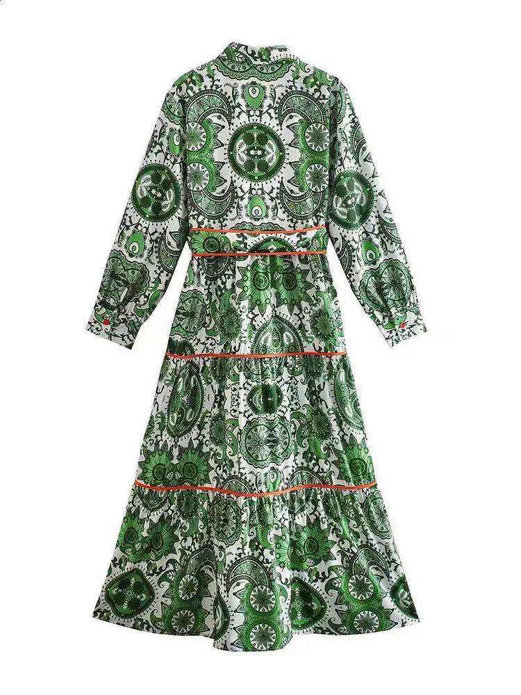 XEASY womens retro printed dress elegant lapel print long sleeved lace top single corset skirt 240828
