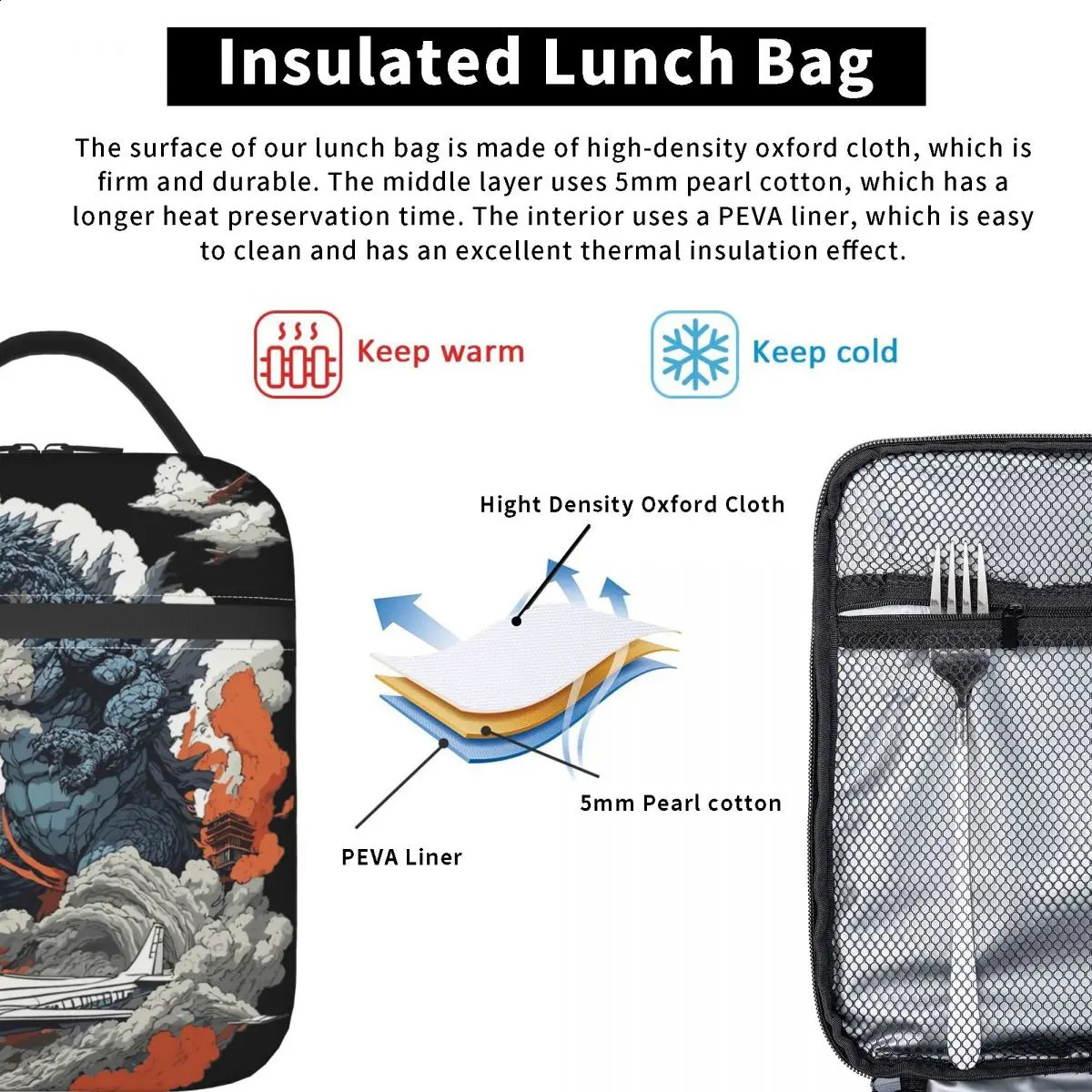 Godzillaed Minus One Monster Insulated Lunch Bags Portable Lunch Container Thermal Bag Tote Lunch Box Office Food Storage Bags 240828