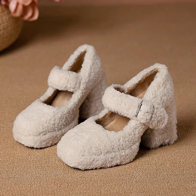 High platform Lambswool Mary Jane shoes womens retro teddy fur thick soled pump womens winter warm plush dress Zapatos 240827