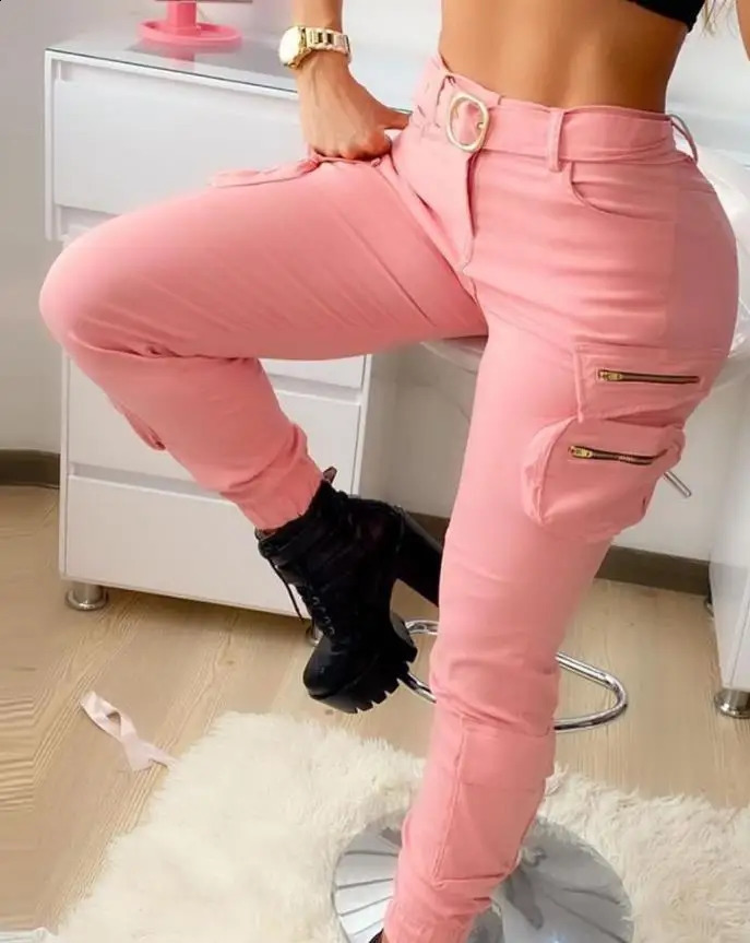 Pink womens cargo pants summer solid color zipper pocket n high waisted work clothes 240829