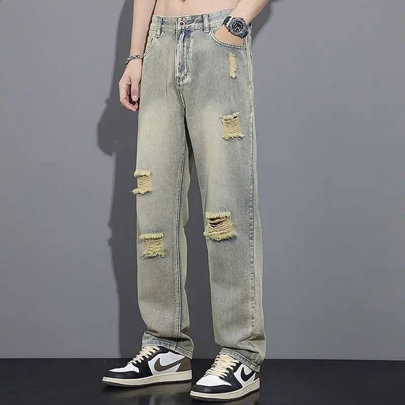 Summer High Street American Vintage Distressed Jeans Mens Button Zipper Pocket Fashionable Loose Casual Wide Leg Straight Pants 240829
