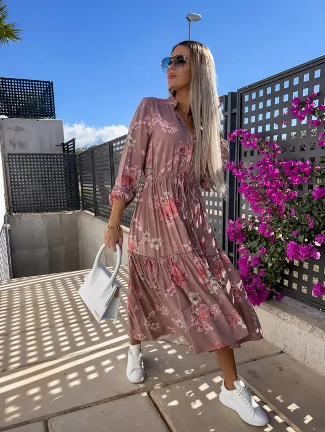 Womens clothing spring and summer fashion color Vneck long sleeved printed waist floral lace dress with large swing 240828