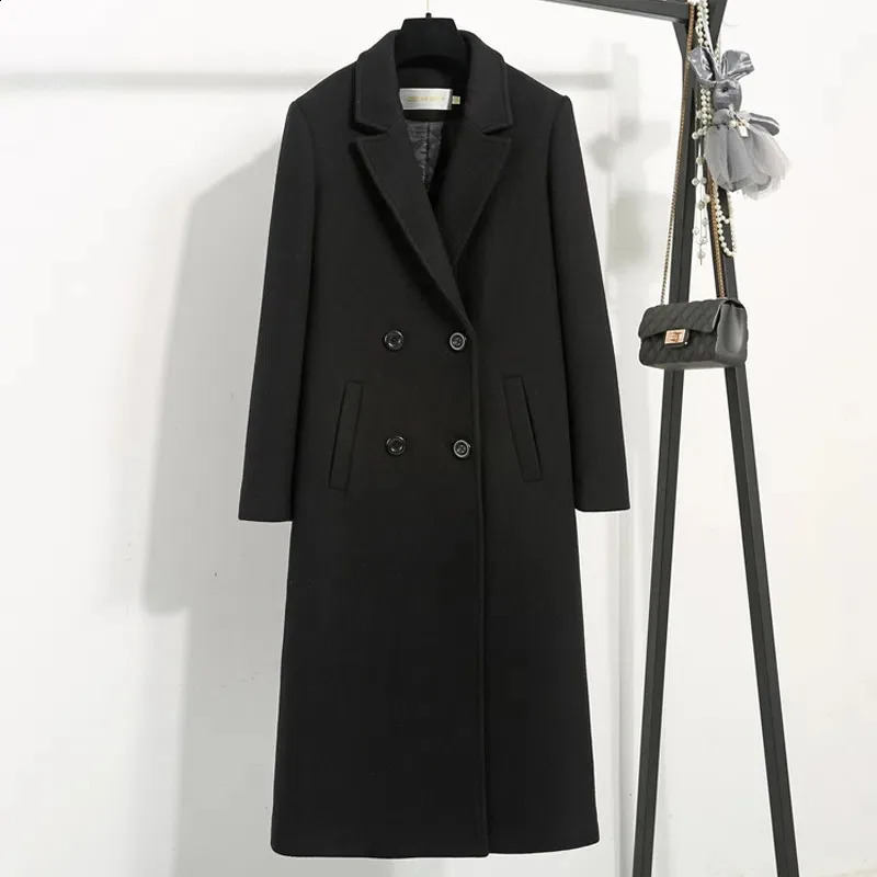 Classic Black Wool Coat Womens Mid to Long Autumn Winter Jacket Korean Edition Thick Wool Blended Coat 240828