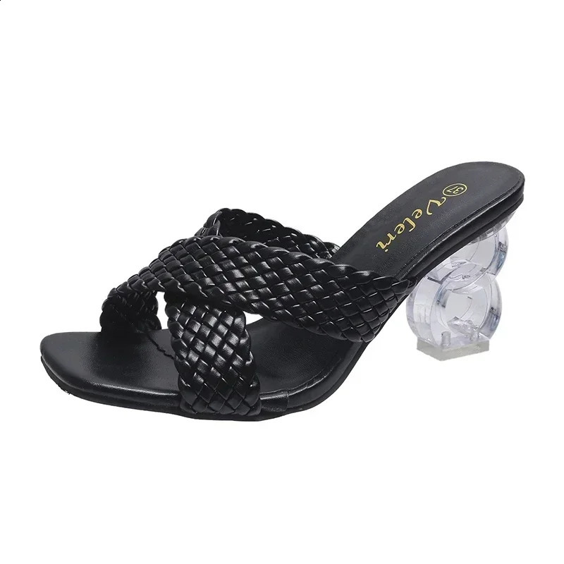 Transparent and strange high-heeled sandals for womens summer plus size 35-43 woven womens slippers fashionable yellow open shoelaces 240827