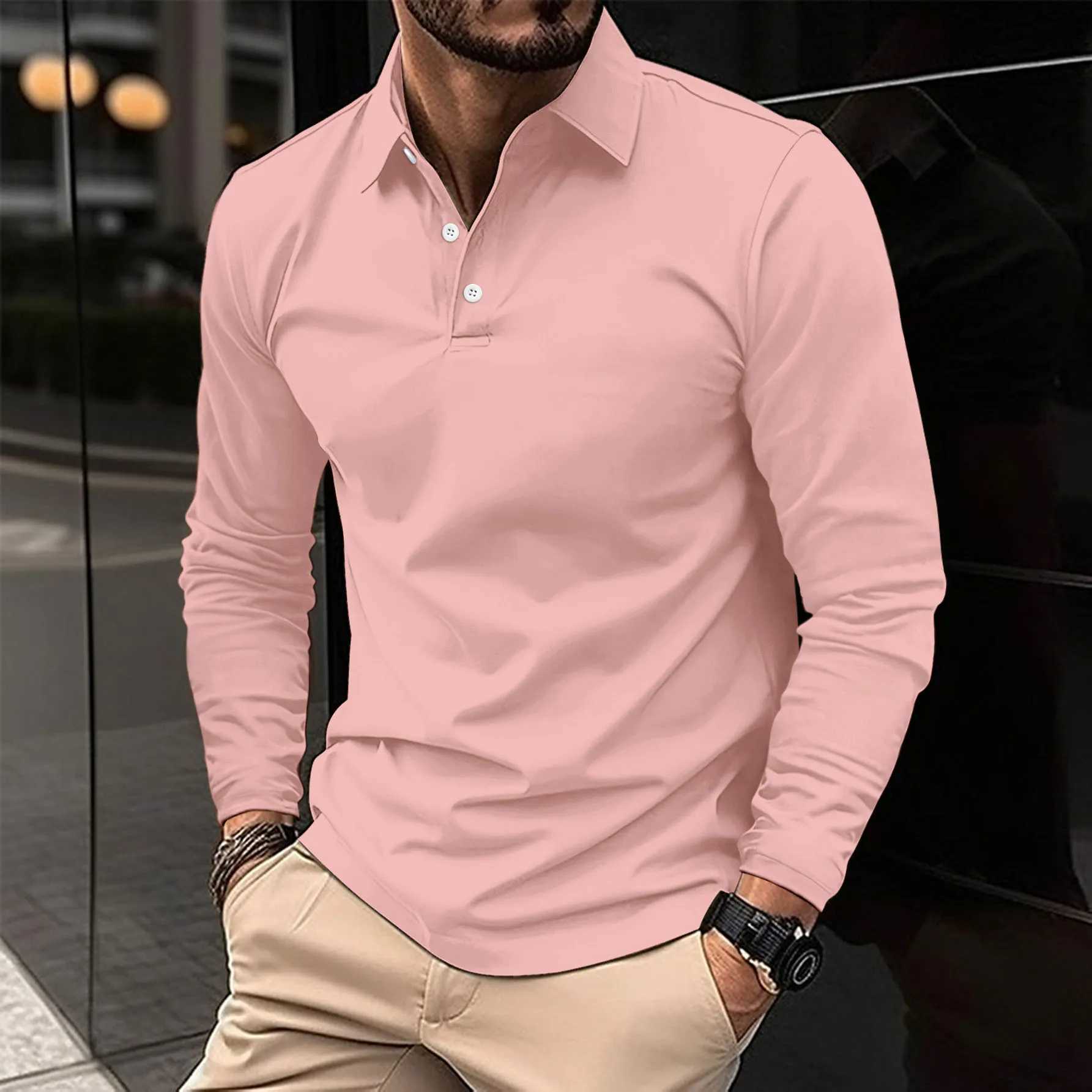 Man Long Sleeve Polo Solid Leisure Comfy Casual Loose Bakery Restaurant Lapel Shirt Catering Cafe Supermarket WorkwearXJ240906