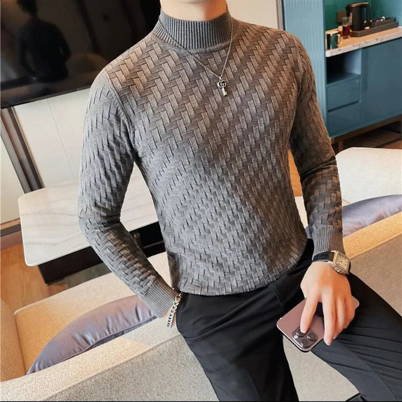 Mens Autumn Half High Collar Jacquard Knitted Sweater Long Sleeve Slim Knitted Sweater Puller 4XL-M Mens 240829