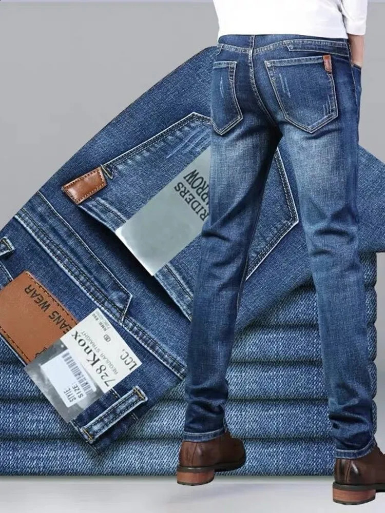 Spring/Summer Solid Color Straight Leg Elastic Jeans Mens Casual Relaxation Breathable High Quality Pants 240829