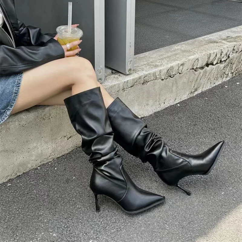Womens Pointy pleated boots high heels black womens knee high heels womens autumn fashion slim high heels womens Pointy rubber boots 240827