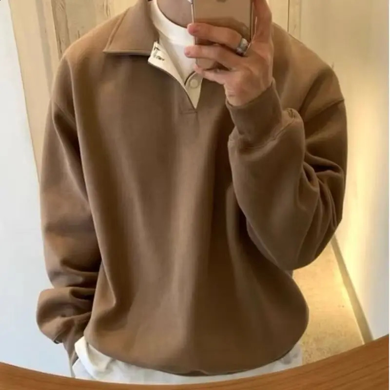 Spring and summer semi high neck solid color long sleeved mens clothing Tshirt casual loose trend simple top 240828