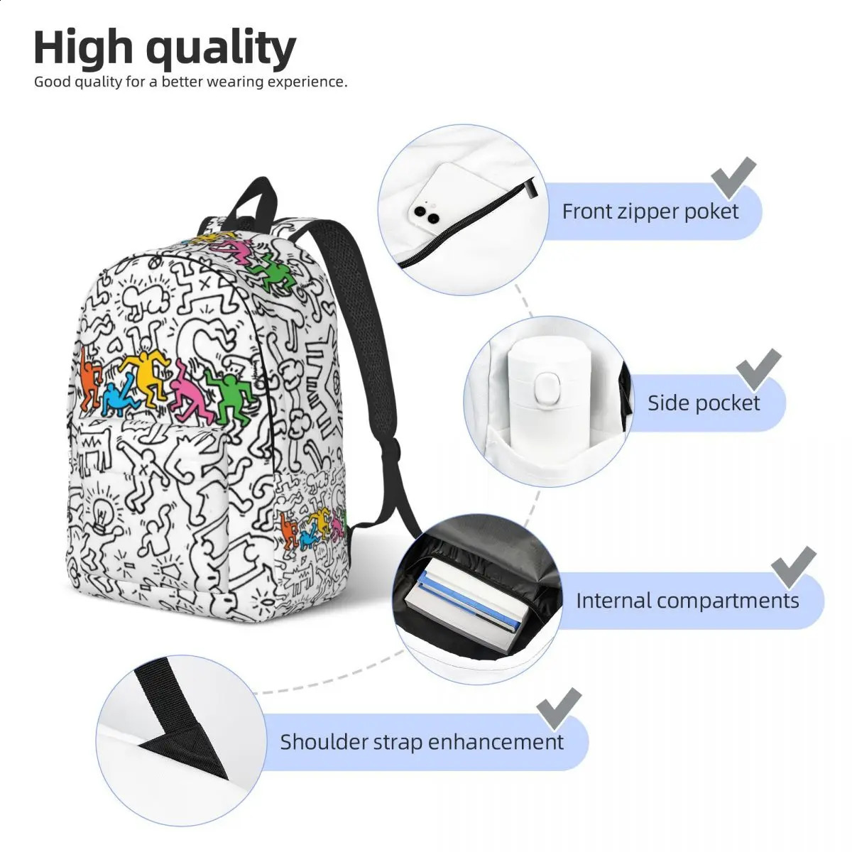 Custom Very Crowded Haring Graffiti Rap Pop Art Canvas Backpacks Men Women Basic Bookbag for College School Indie Aesthetic Bags 240828