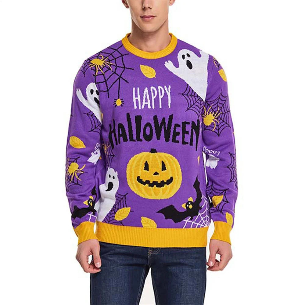 Mens knitted sweater Halloween pumpkin print long sleeved skydiving autumn casual pull-up top mens clothing letter sweater 240829