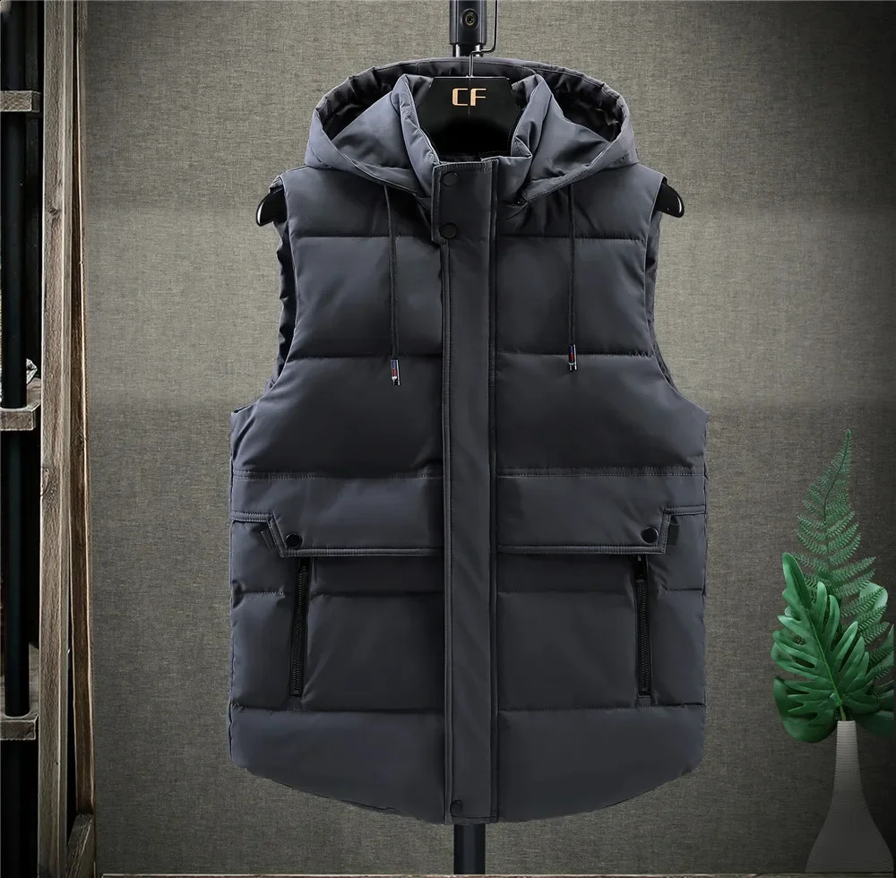 Mens Winter Tank Top Plus Size 5XL Hat Detachable Waist Coat Camo Sleeveless Jacket Warm Parkas Unloading 240828