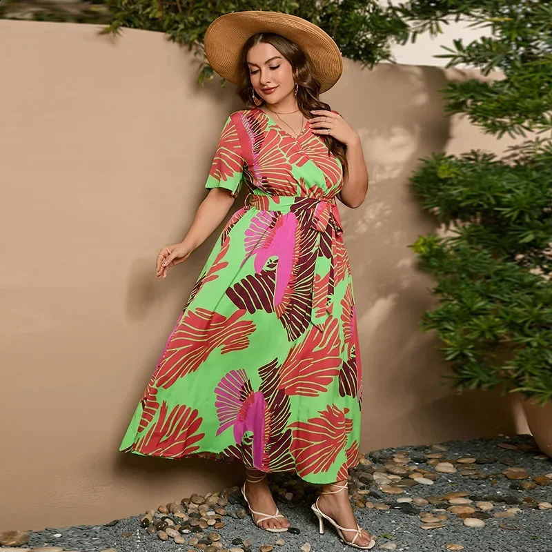 Plus sign The selling oversized loose Vneck dress suitable for women with elastic waist short sleeves printed long skirt 240828