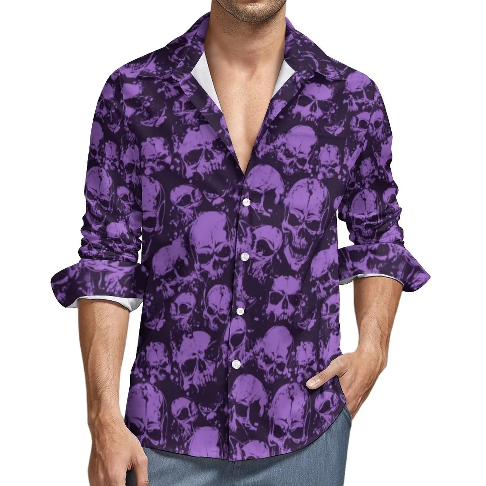 Purple skull shirt mens Halloween printed casual shirt autumn Harajuku custom shirt long sleeved fashionable oversized clothing gift 240829