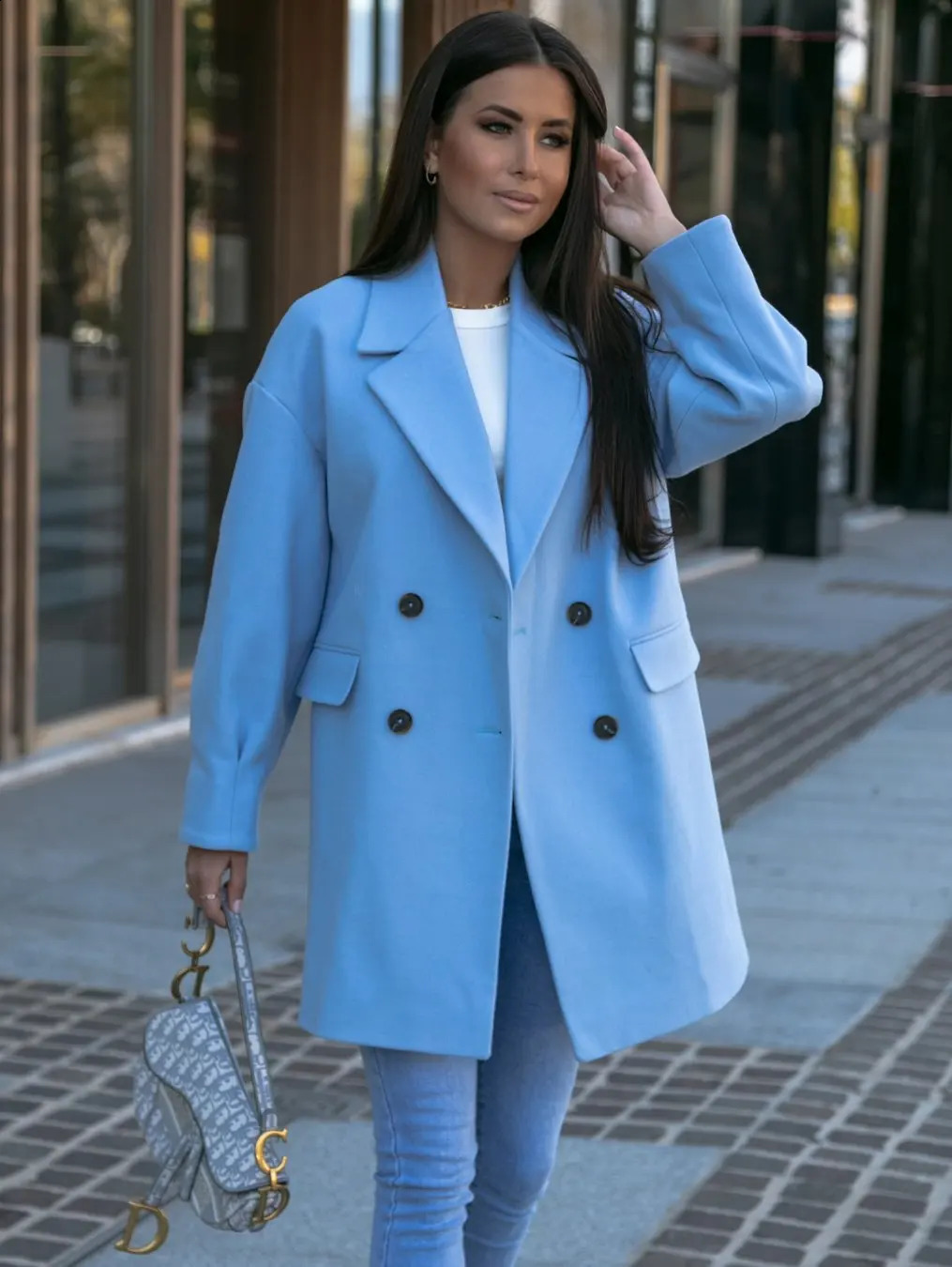Wool autumn coat womens blue long sleeved fashionable casual womens coat loose womens coat 240828