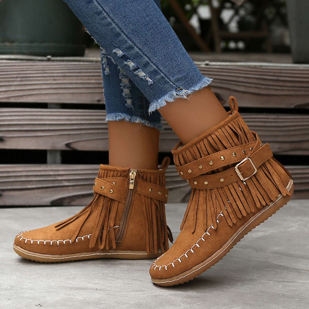 Fashion Comfortable Women's Tassel Short Boots with Metal Beads and Side Zipper Size 36-43