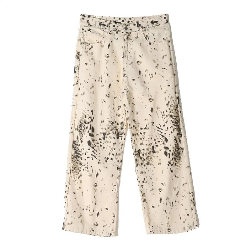Mens leopard print jeans wide leg straight high street jeans mens handsome Trouser American street fashion 240829