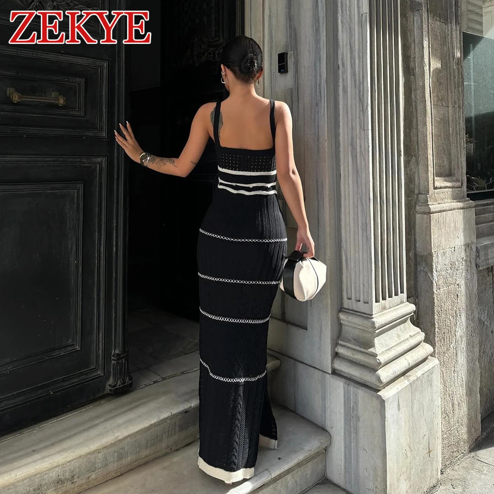 Zekye Striped Elegant Sun crochet dress Woman Summer Beach Vacation Sleeveless Bodycon Long Dresses V Neck Boho Sexy Knit 240828