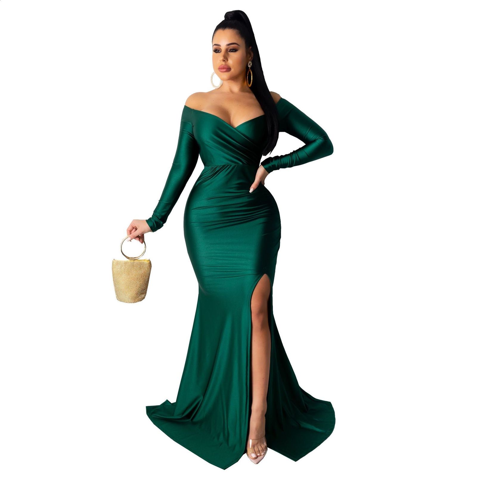 Deep V Neck Full Sleeved Pleated Long Evening Party Dress Stretch Satin Floor Length Event Gown Prom Robe 210915