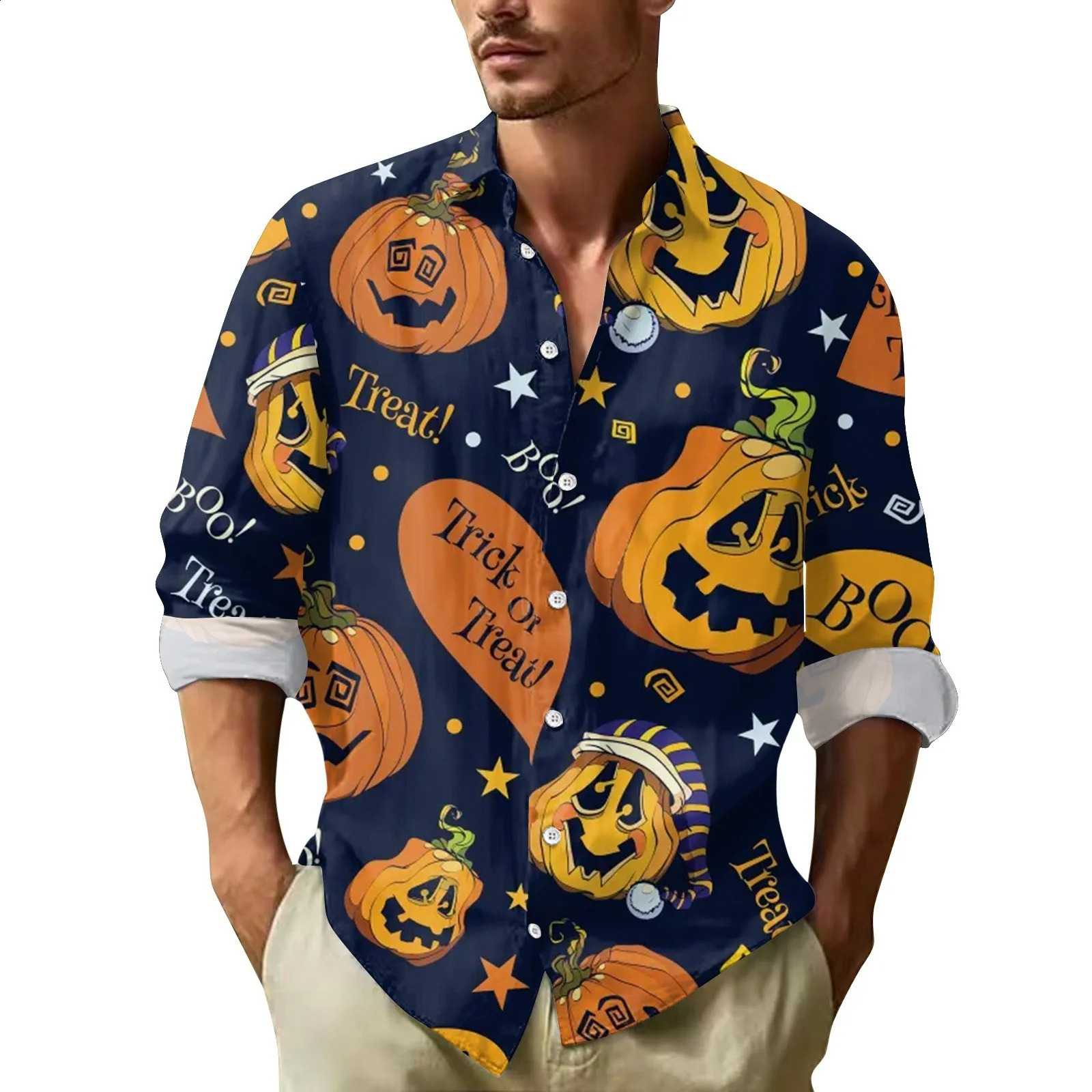 Mens Halloween printed shirt button long sleeved lapel shirt casual fashion version basic shirt top mens clothing 240829