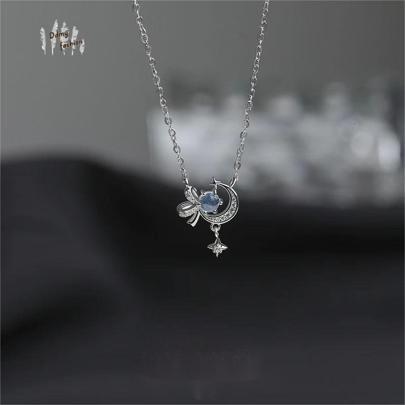 S999 pure sier moonstone star moon bow necklace for women's fashion, high-end, niche, new Valentine's Day gift F08.30-5.8 7fad1
