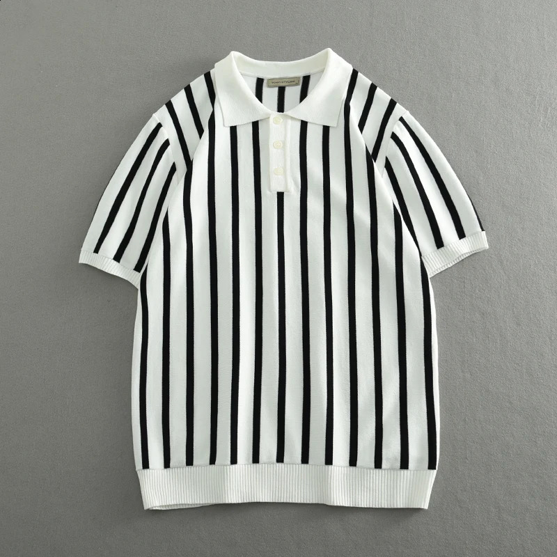 Cool and breathable striped knitted mens polo shirt summer fashion short sleeved slim fit business style top 24ss Y2k young 240828