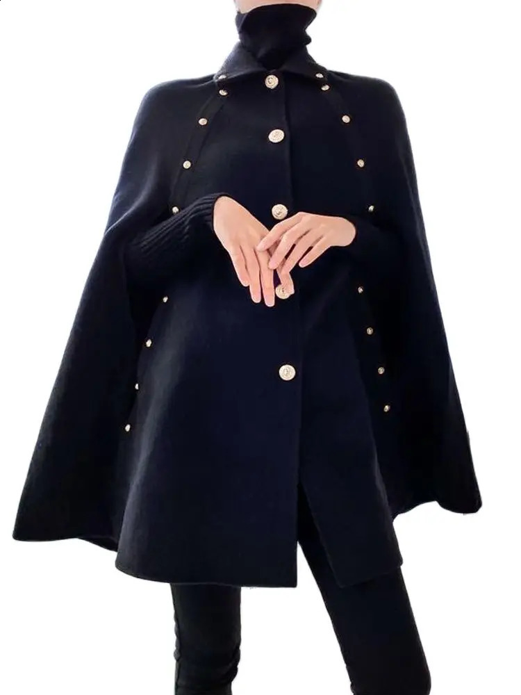 High Quality Black Cape Woolen Shawl Coat Korean Women Autumn Winter Mid-Length Loose Vintage Golden Button Cloak Wool Coat 240828