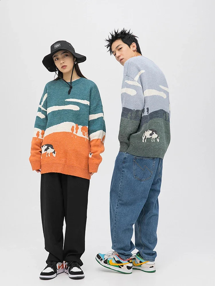 Autumn and winter mens interesting cow fresh sweater knitted and pulled round neck knitted sweater warm mens slim fit casual sweater 240829