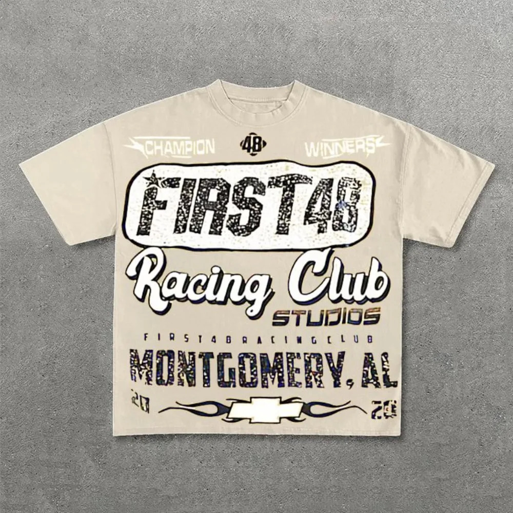 First48 Racing Club Retro Printed Pattern Cotton Tshirt Mens Y2K Short Sleeve Oversized Womens Top 240828