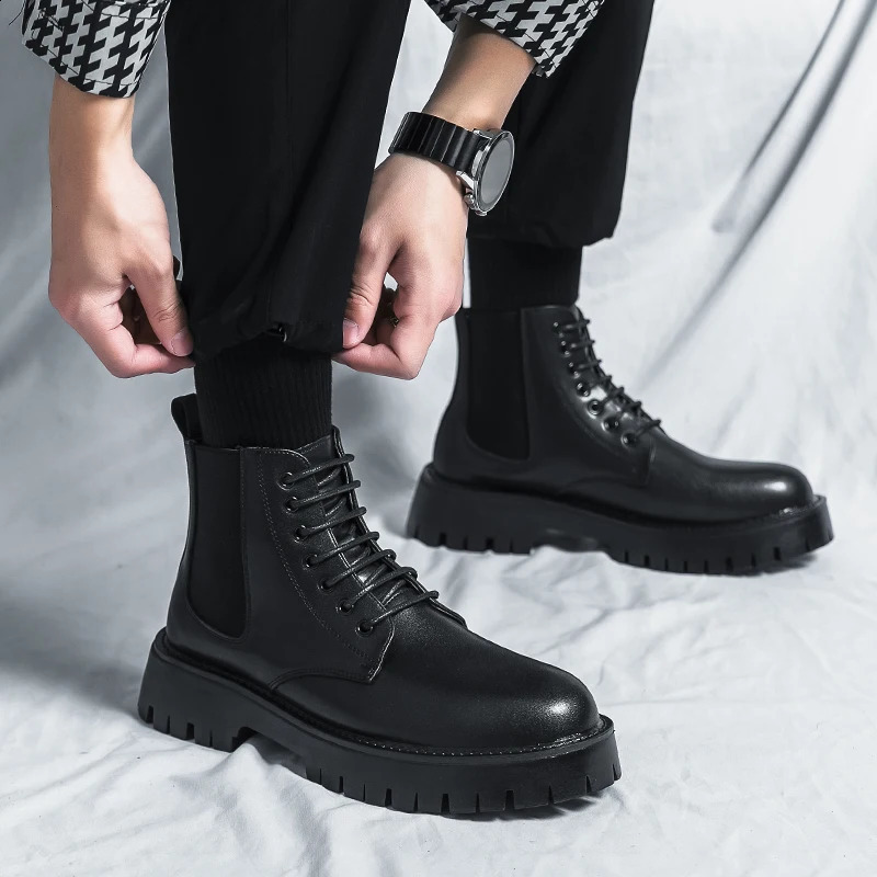 Boots Big Head Leather Autumn and Winter High Top Lacing Thick Sole Durable European Black Sizes 38-44 Men Shoes 240828