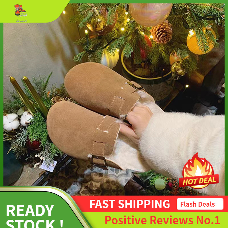 Ddmysports Grape Mom S Same Style Baotou Genuine Leather Boken Shoes With Plush Lazy Kick Thick Soled Hairy Slippers OUTDOOR
