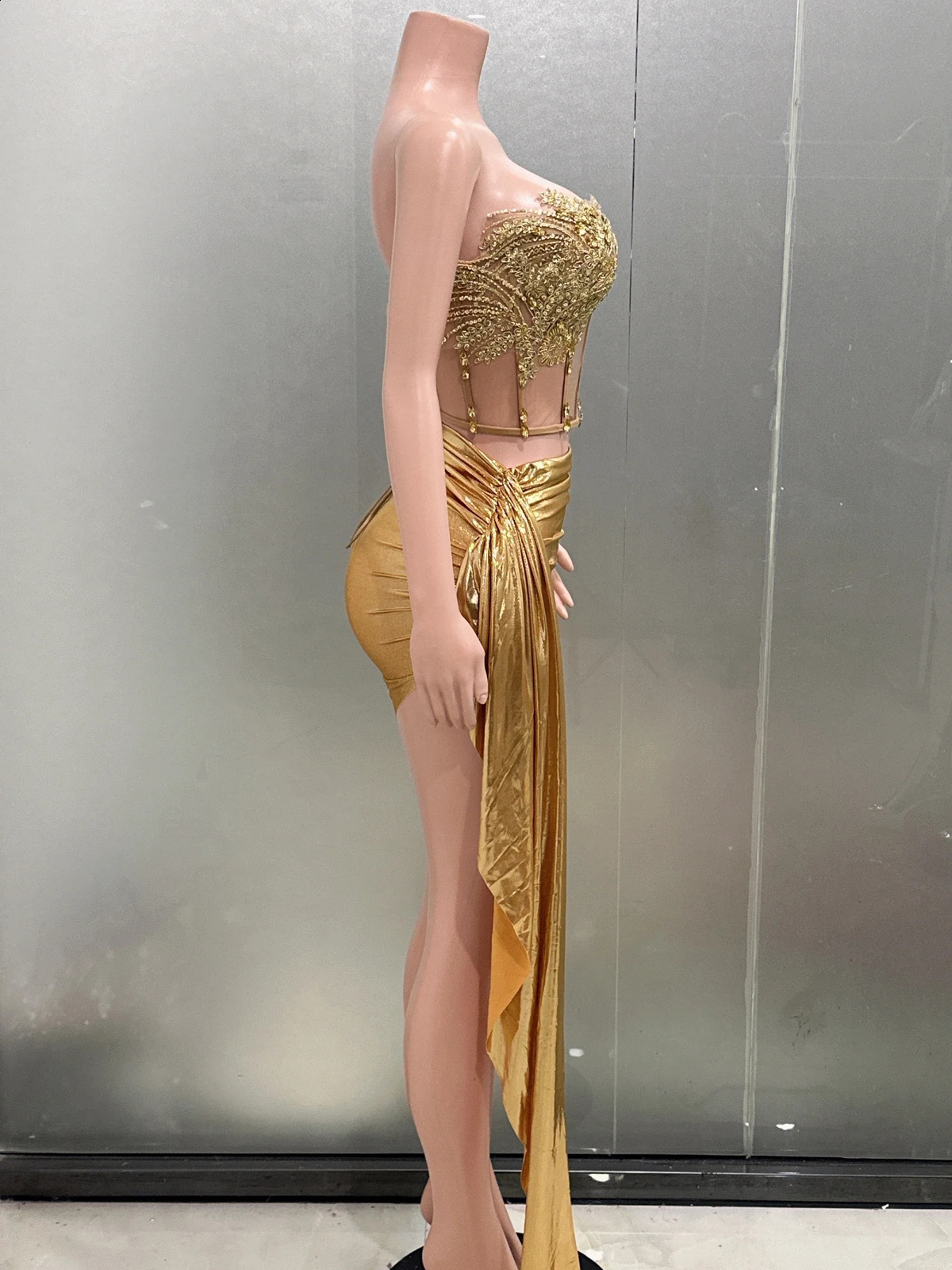 Gold Color Women Sexy 2 Pieces Strapless Bodycon Mini Dress Bar Singer Nightclub Party Celebrate Birthday Wholesale 240828