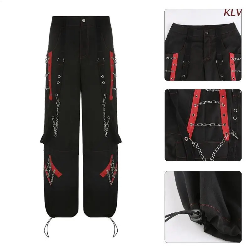 Womens Black Gothic Lage Cargo Pants Haruku Punk Colored Lock Eye Bandage Metal Chain Hip Hop Wide Leg Trouser XDA