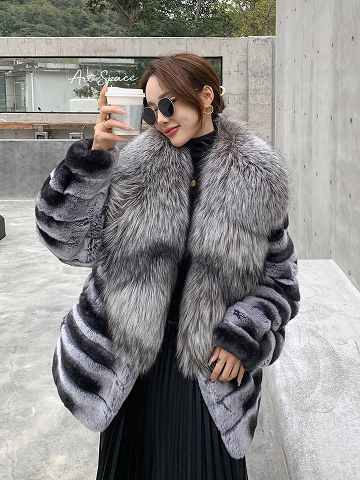 Womens Real Rex Rabbit Fur Coat Long Natural All Pelt Chinchilla Colorful Leather Jacket With Fox Collar