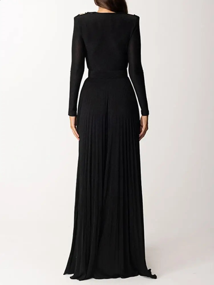Fashion V-neck Long Sleeves Dress Spring Solid Color Evening Dresses for Women Belted Pleated Split-side Maxi Dress