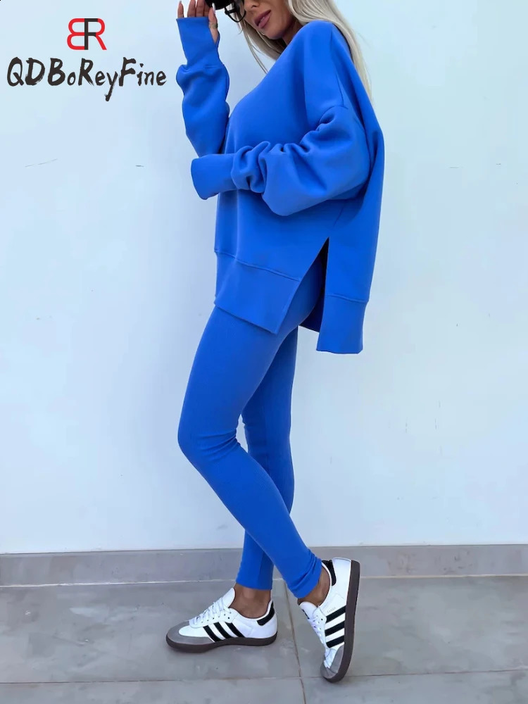 In Women Tracuit 2 Piece Sets Autumn Casual Oversized Sweatshirts Slit Fiess Slim High Waist Leggings Hoodie Set Female 240828