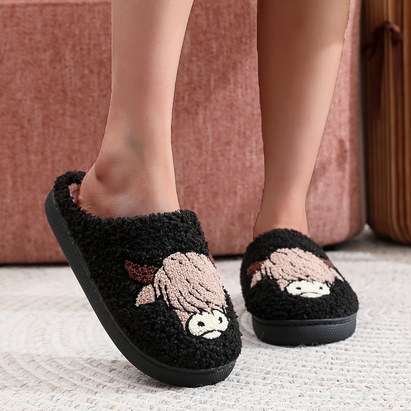 Cute Cartoon Cow Pattern Plush Lined Slip-On Slippers - Ultra Soft Fabric Upper, Comfortable Indoor Shoes with TPR Sole, Tribal Style Design - All-Sea