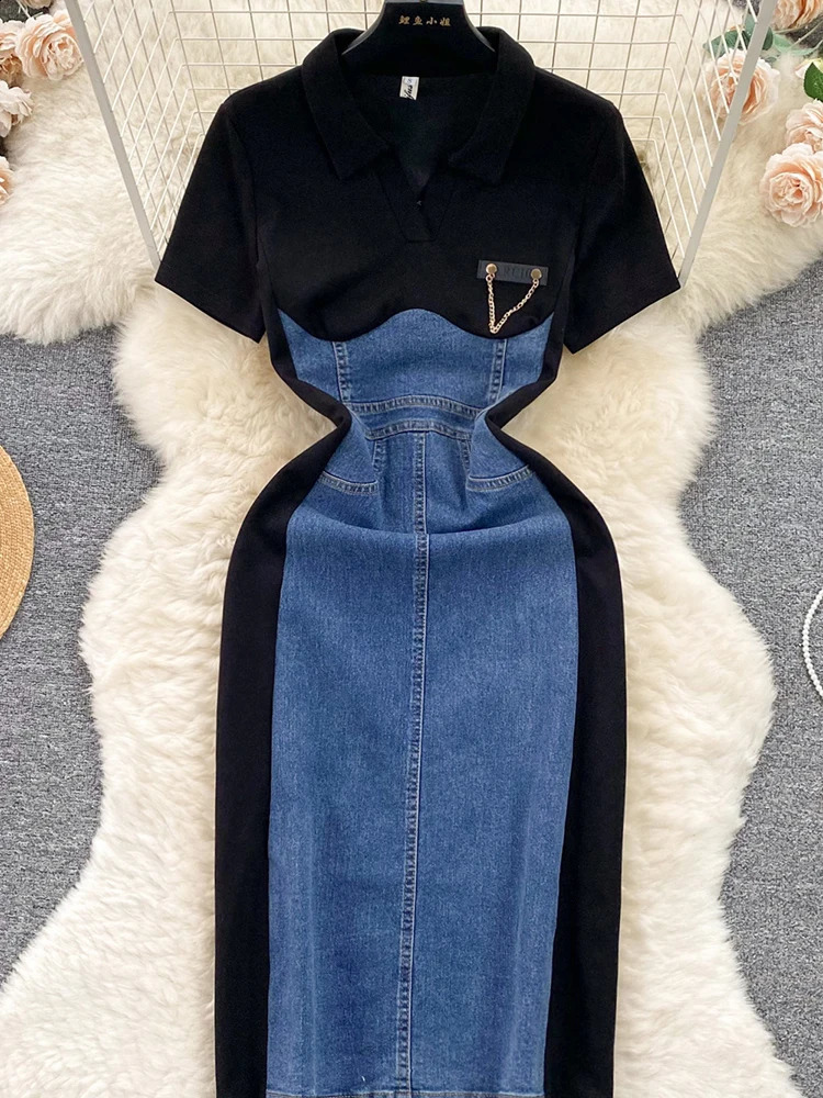XFPV Women Temperament Short Sleeve Contrast Color Patchwork Denim Dress Vestidos Korean Fashion Spring Autumn SM9365 240828