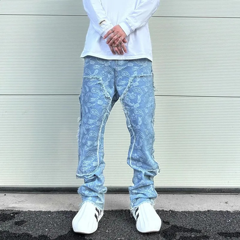 Y2k Frayed Urban Cashew Flower Full Print Patchwork Baggy Flare Jeans for Men Straight Pantalones Hombre Oversize Denim Trousers 240826Z