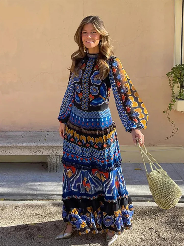 Retro printed dress for women elegant and fashionable long sleeved soft chic spring summer casual loose party 240828