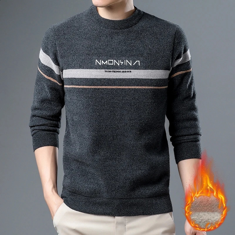 Mens thick faux fur sweater round neck and letter print autumn winter mink and velvet long sleeved casual top 240829