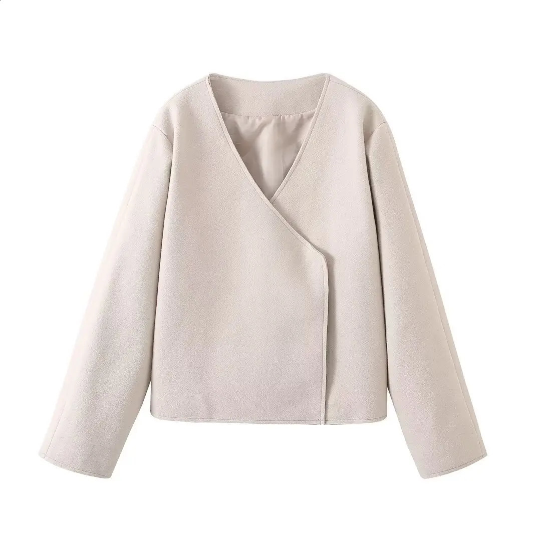 Autumn Winter Elegant Women Basic Coat Long Sleeve Loose Casual Bomber Jacket Women Woolen Jacket V-neck Fashion 240828