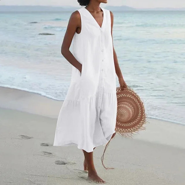 Summer Loose Casual Patchwork Cotton Linen Pocktes Dress V Neck Beach Style Dress Sleeveless Vintage Club Midi Solid Women Dress 240828
