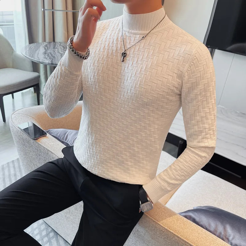 Mens Autumn Half High Collar Jacquard Knitted Sweater Long Sleeve Slim Knitted Sweater Puller 4XL-M Mens 240829